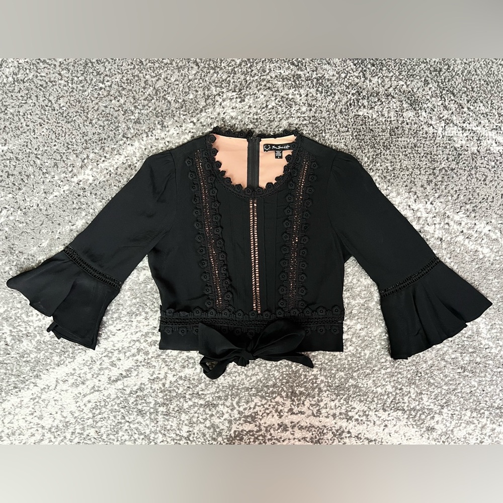 For Love & Lemons Black Lace Detail Crop Top 3/4 Flutter Sleeves, Tie Waist - S